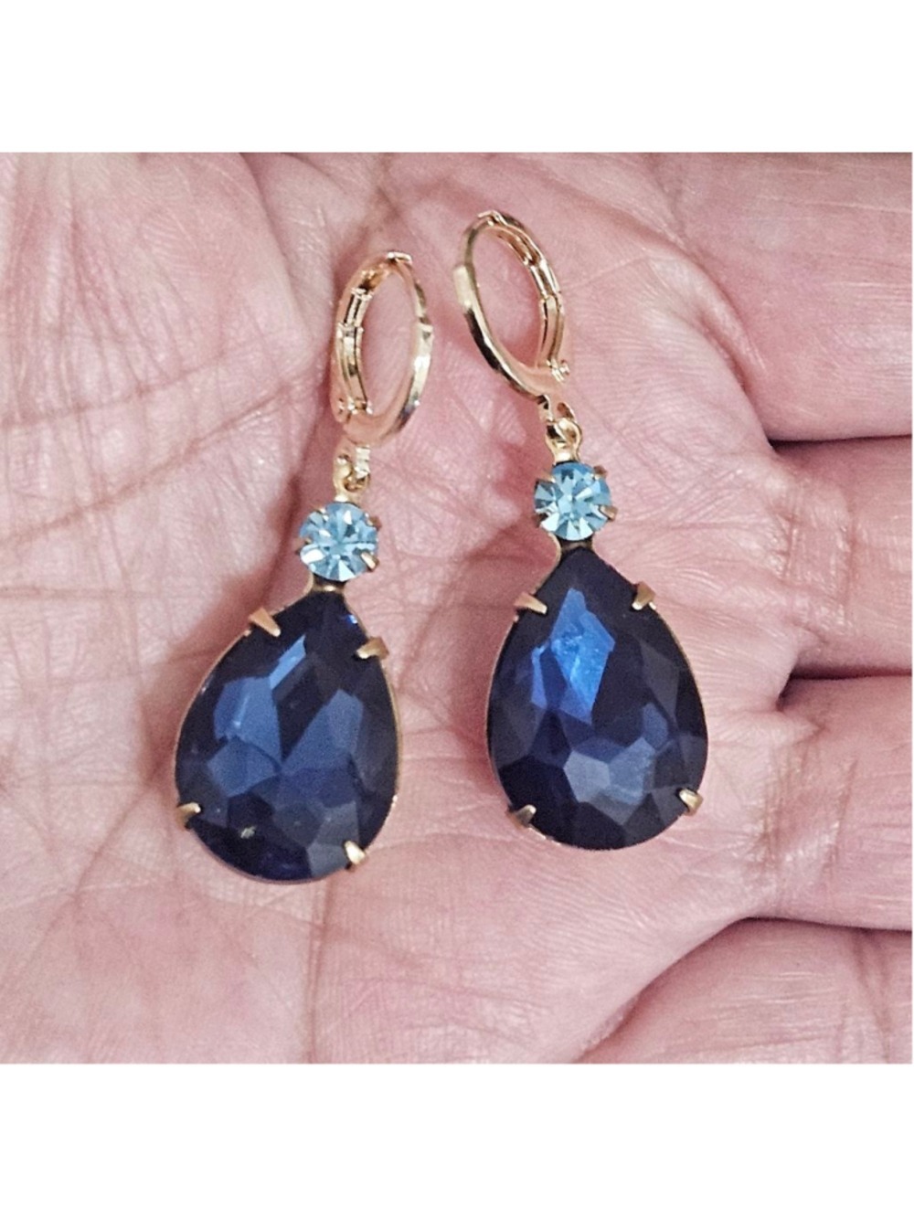18k Swarovski Aqua/Montana Blue Teardrop Women's Dangle Hoop Earrings